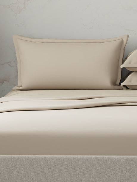 100% Cotton 300 TC | King Dyed Bedsheet with 4 Pillow Covers | Emblem Collection - Beige