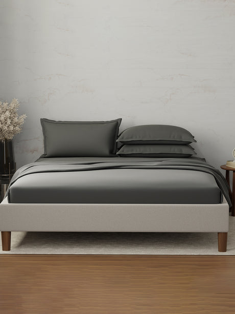 100% Cotton 300 TC | King Dyed Bedsheet with 4 Pillow Covers | Emblem Collection - Grey