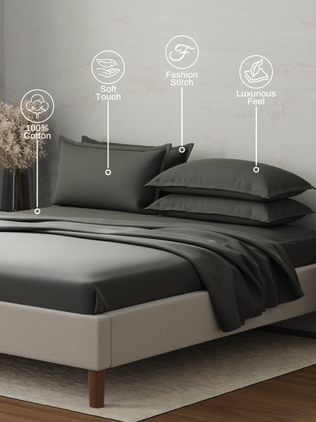 100% Cotton 300 TC | King Dyed Bedsheet with 4 Pillow Covers | Emblem Collection - Grey