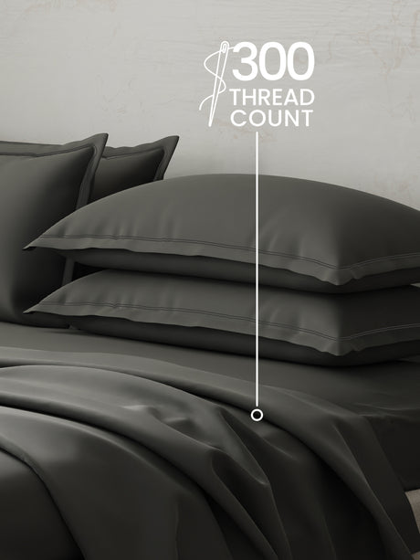 100% Cotton 300 TC | King Dyed Bedsheet with 4 Pillow Covers | Emblem Collection - Grey