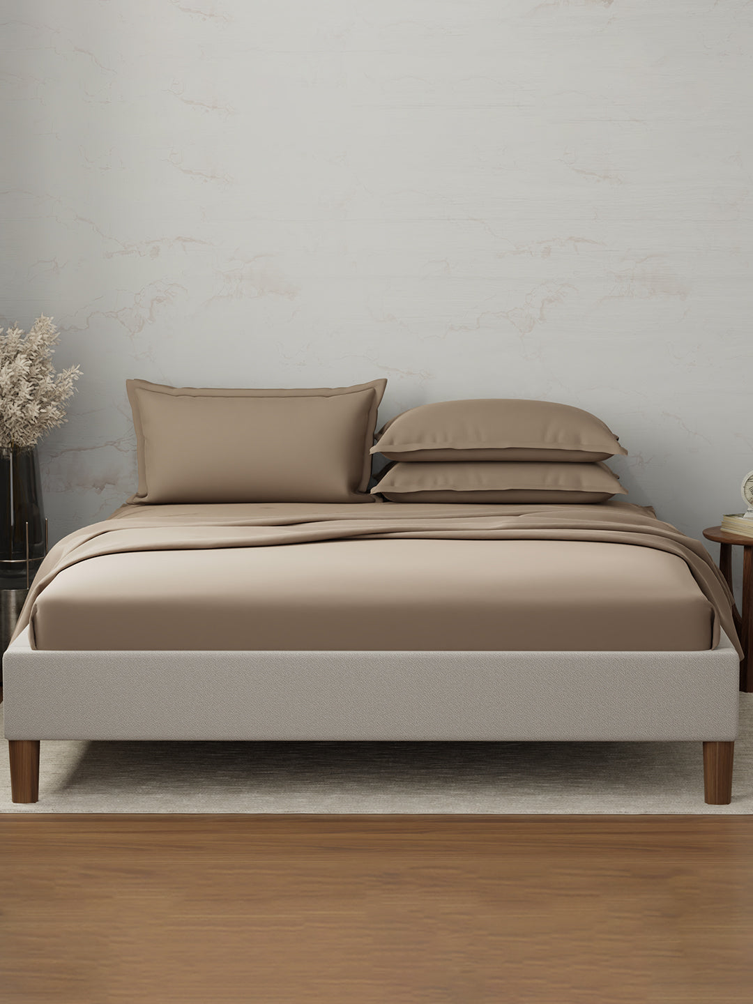 100% Cotton 300 TC | King Dyed Bedsheet with 4 Pillow Covers | Emblem Collection - Brown
