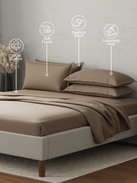 100% Cotton 300 TC | King Dyed Bedsheet with 4 Pillow Covers | Emblem Collection - Brown