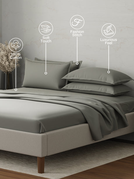 100% Cotton 300 TC | King Dyed Bedsheet with 4 Pillow Covers | Emblem Collection - Grey