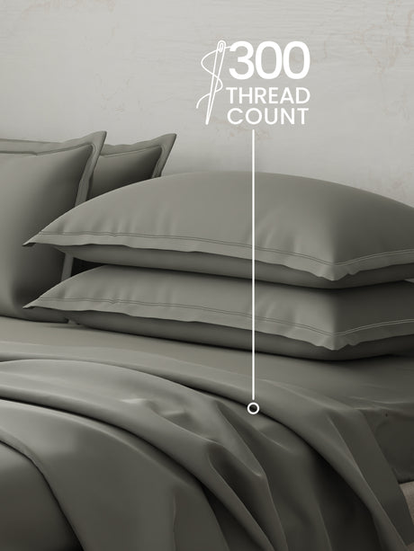 100% Cotton 300 TC | King Dyed Bedsheet with 4 Pillow Covers | Emblem Collection - Grey