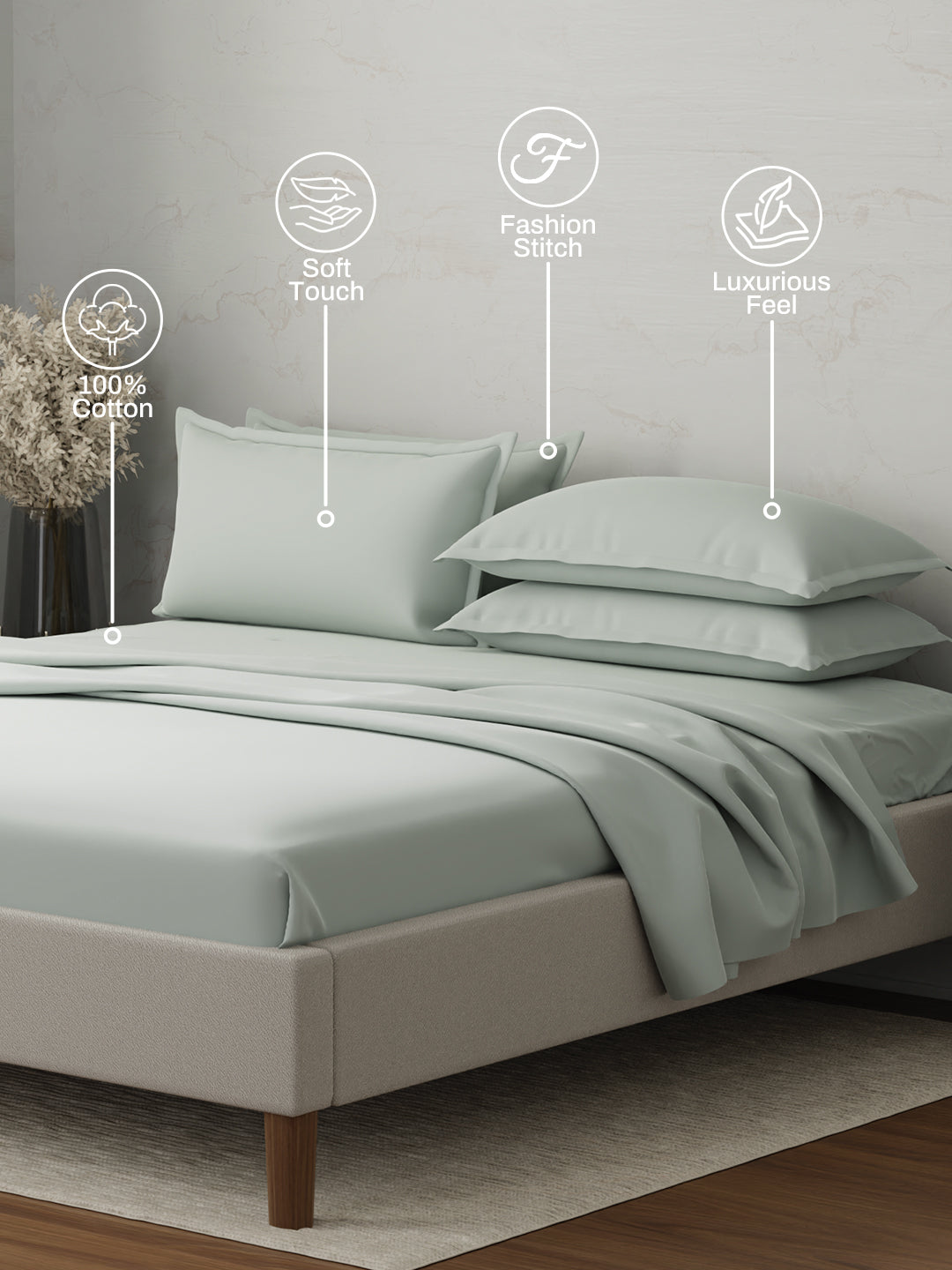 100% Cotton 300 TC | King Dyed Bedsheet with 4 Pillow Covers | Emblem Collection - Grey