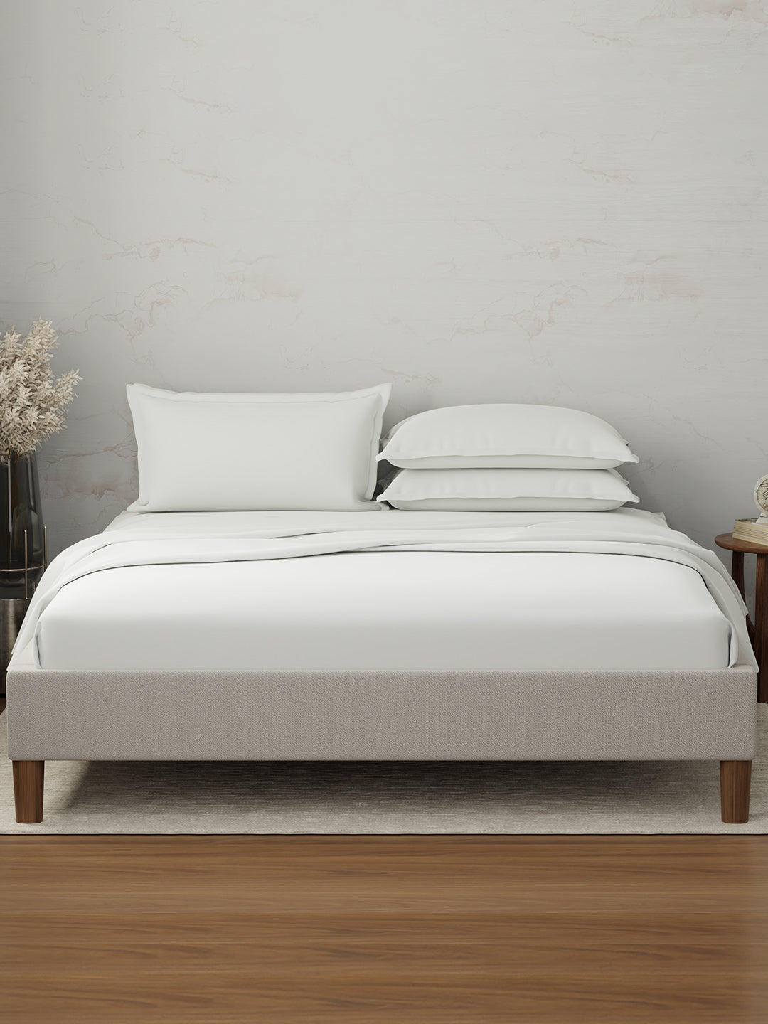 100% Cotton 300 TC | King Dyed Bedsheet with 4 Pillow Covers | Emblem Collection - White
