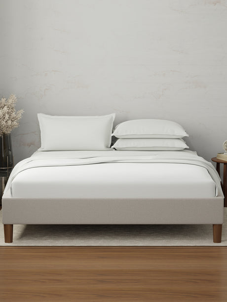 100% Cotton 300 TC | King Dyed Bedsheet with 4 Pillow Covers | Emblem Collection - White