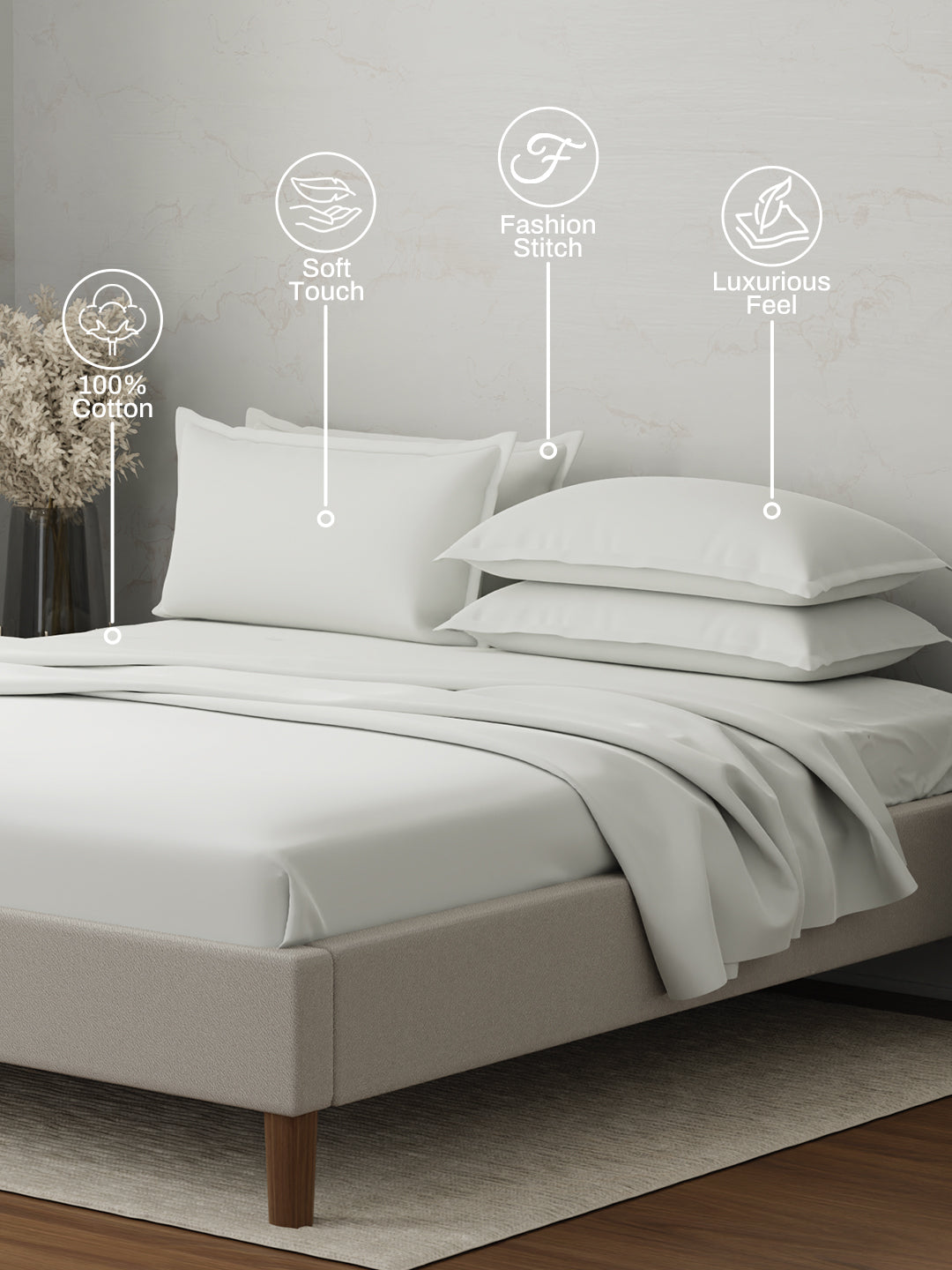 100% Cotton 300 TC | King Dyed Bedsheet with 4 Pillow Covers | Emblem Collection - White