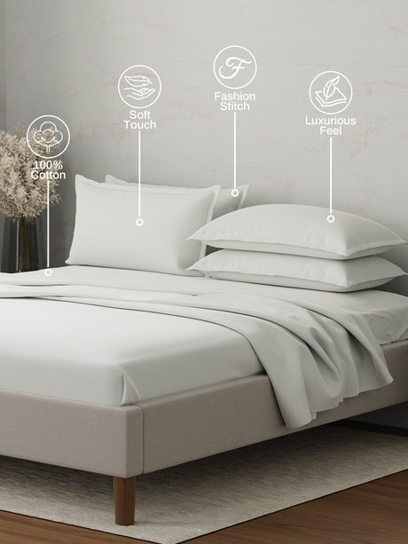 100% Cotton 300 TC | King Dyed Bedsheet with 4 Pillow Covers | Emblem Collection - White