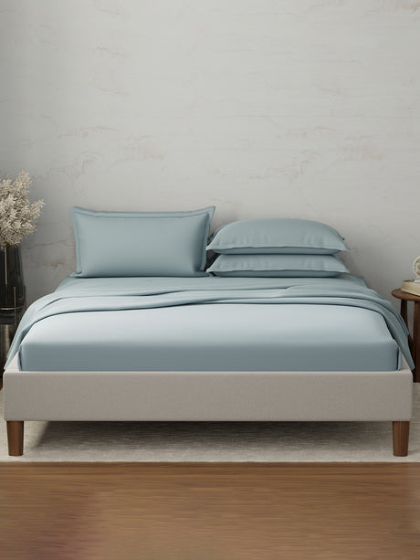 100% Cotton 300 TC | King Dyed Bedsheet with 4 Pillow Covers | Emblem Collection - Blue