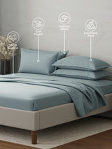 100% Cotton 300 TC | King Dyed Bedsheet with 4 Pillow Covers | Emblem Collection - Blue