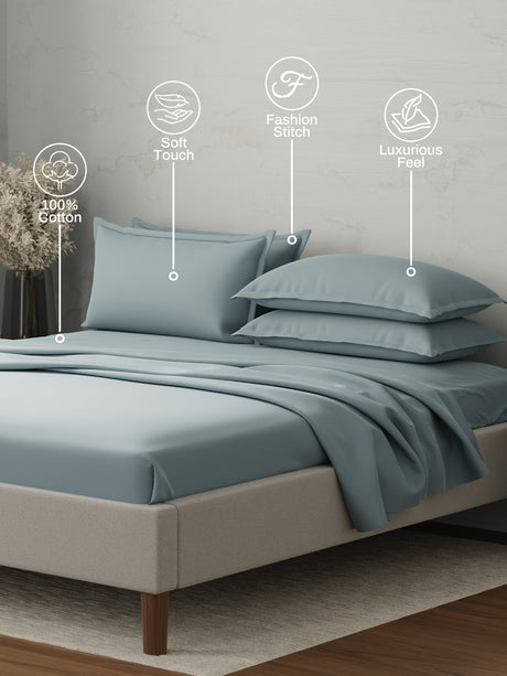 100% Cotton 300 TC | King Dyed Bedsheet with 4 Pillow Covers | Emblem Collection - Blue