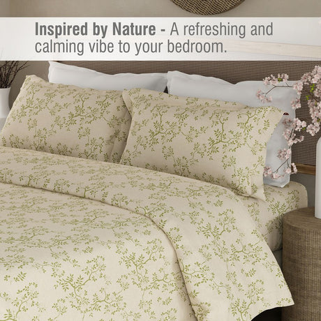 Cottage Garden 100% Organic Cotton 300 TC King Bedsheet with 2 Pillow Covers - Beige & Green Floral