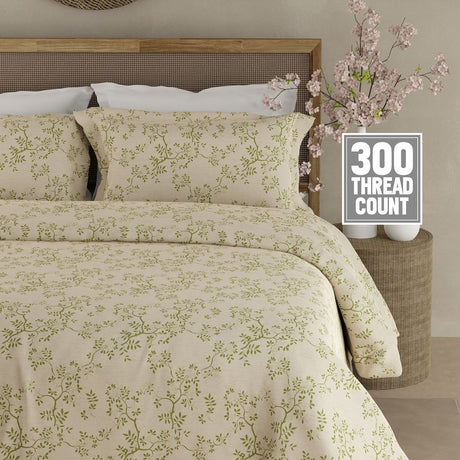 Cottage Garden 100% Organic Cotton 300 TC King Bedsheet with 2 Pillow Covers - Beige & Green Floral