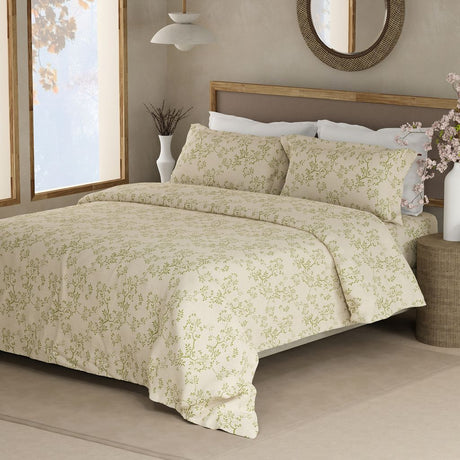 Cottage Garden 100% Organic Cotton 300 TC King Bedsheet with 2 Pillow Covers - Beige & Green Floral